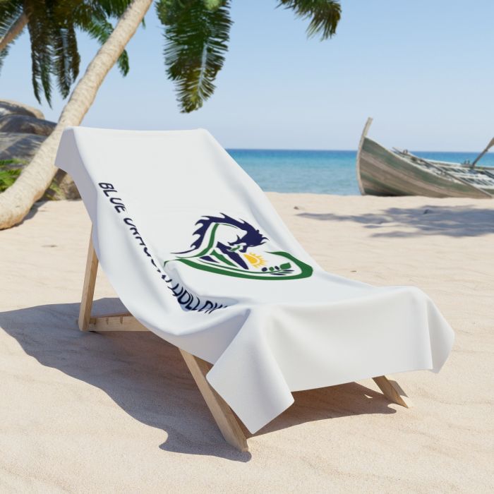 Blue Dragon Hollow Logo Beach Towel | heart, dragon, farm fields