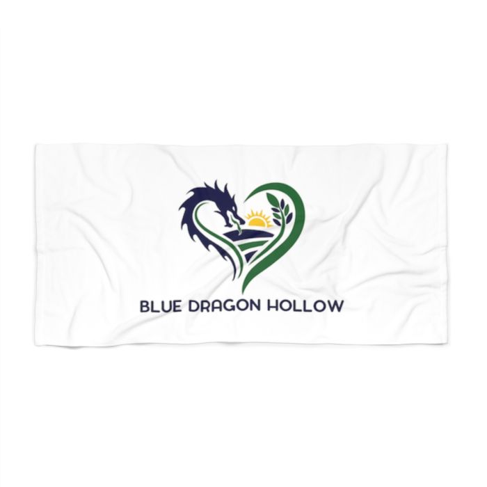 Blue Dragon Hollow Logo Beach Towel | heart, dragon, farm fields