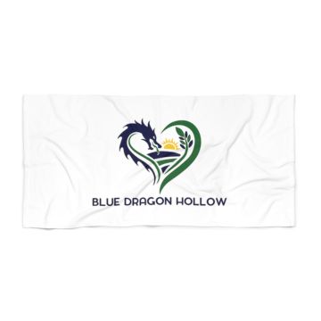 Blue Dragon Hollow Logo Beach Towel | heart, dragon, farm fields