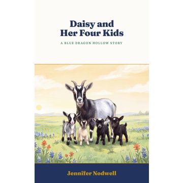 Daisy and her four kids in a Texas pasture of bluebonnets at sunrise